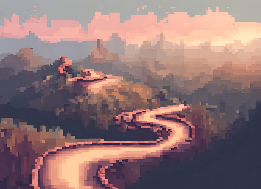 A winding road fading off the distance in a pixelated, pink evening scene.